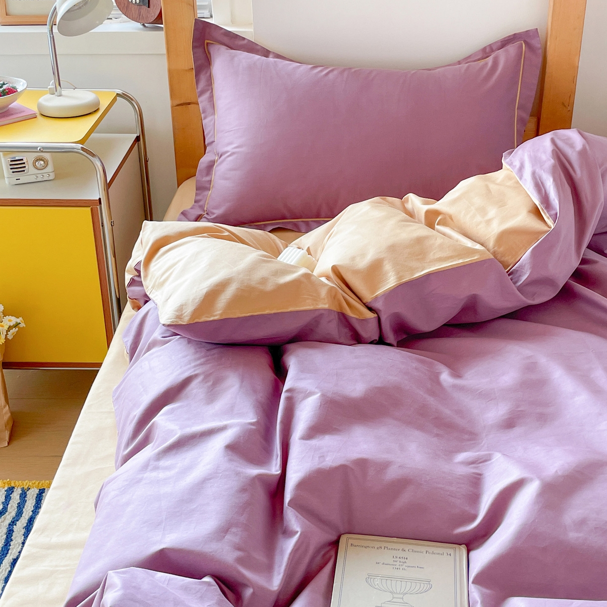 91家纺网 家纺一手货源 找家纺 恩泽家纺 2025新款全棉双拼学生宿舍三件套 灰紫+卡其