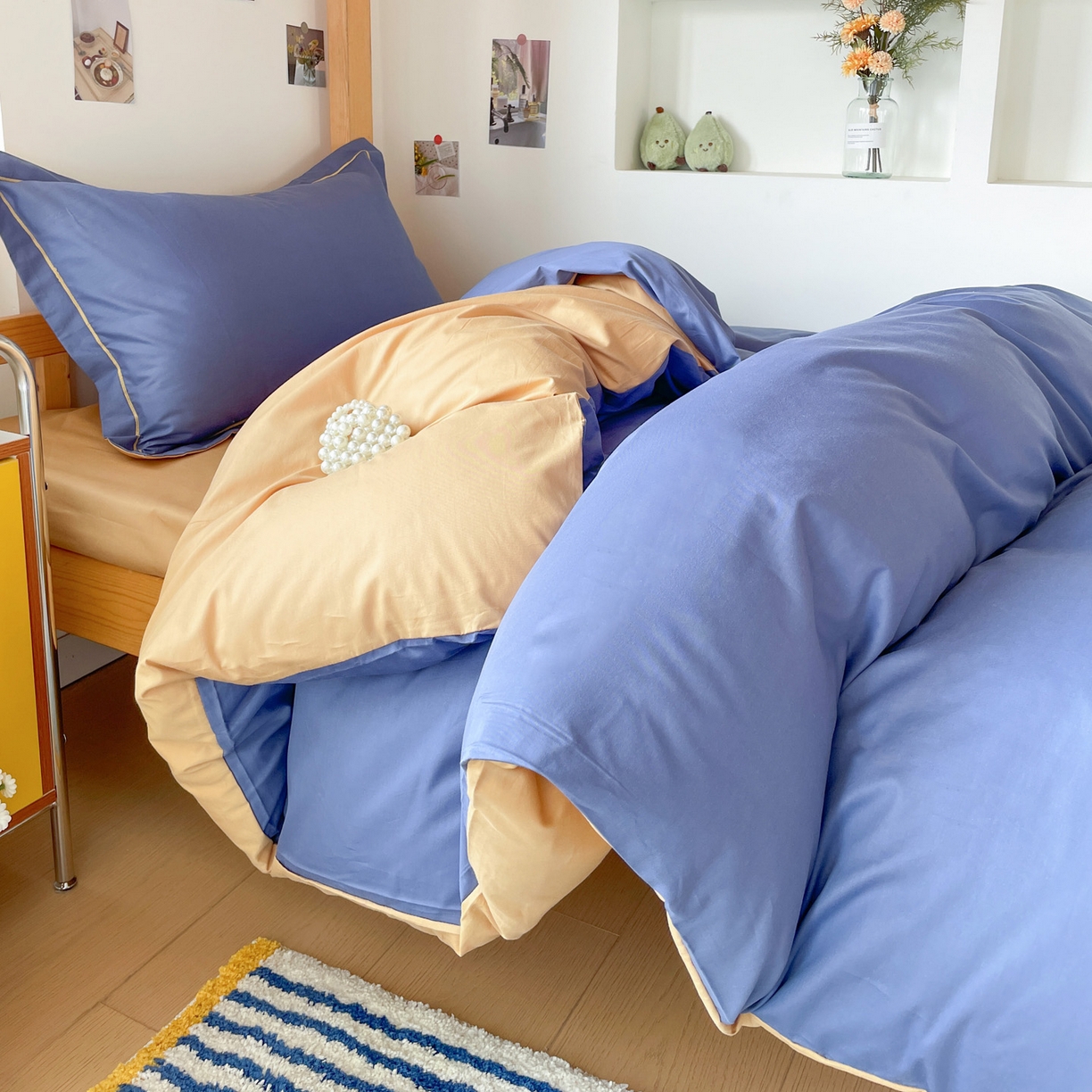 91家纺网 家纺一手货源 找家纺 恩泽家纺 2025新款全棉双拼学生宿舍三件套 藏青+卡其