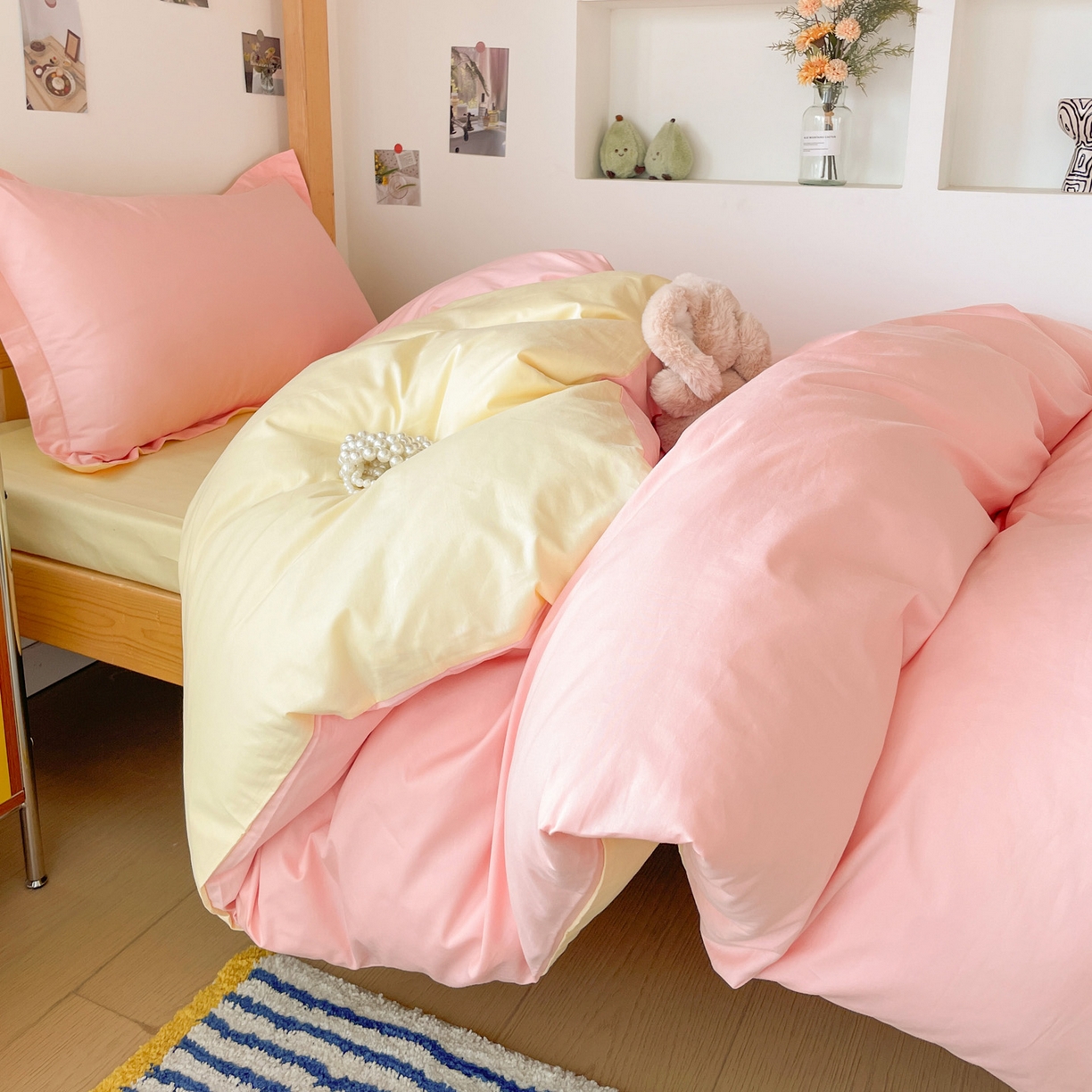 91家纺网 家纺一手货源 找家纺 恩泽家纺 2025新款全棉双拼学生宿舍三件套 玉色+鹅黄