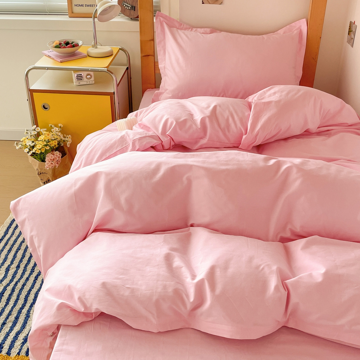 91家纺网 家纺一手货源 找家纺 恩泽家纺 2025新款全棉双拼学生宿舍三件套 粉色