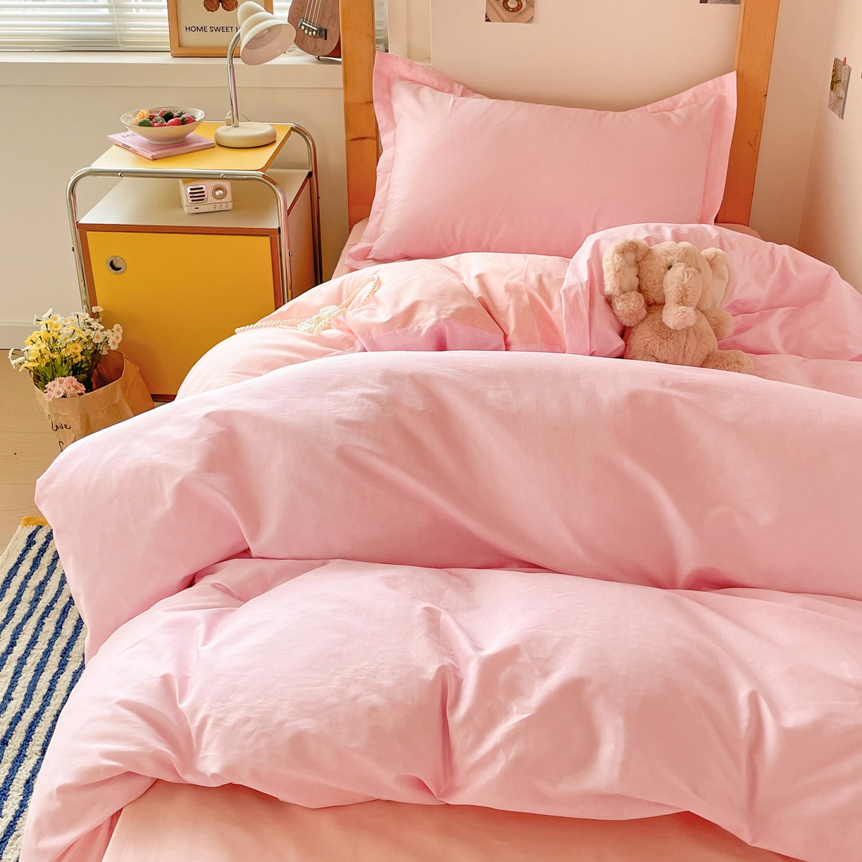 91家纺网 家纺一手货源 找家纺 恩泽家纺 2025新款全棉双拼学生宿舍三件套 粉色+玉色