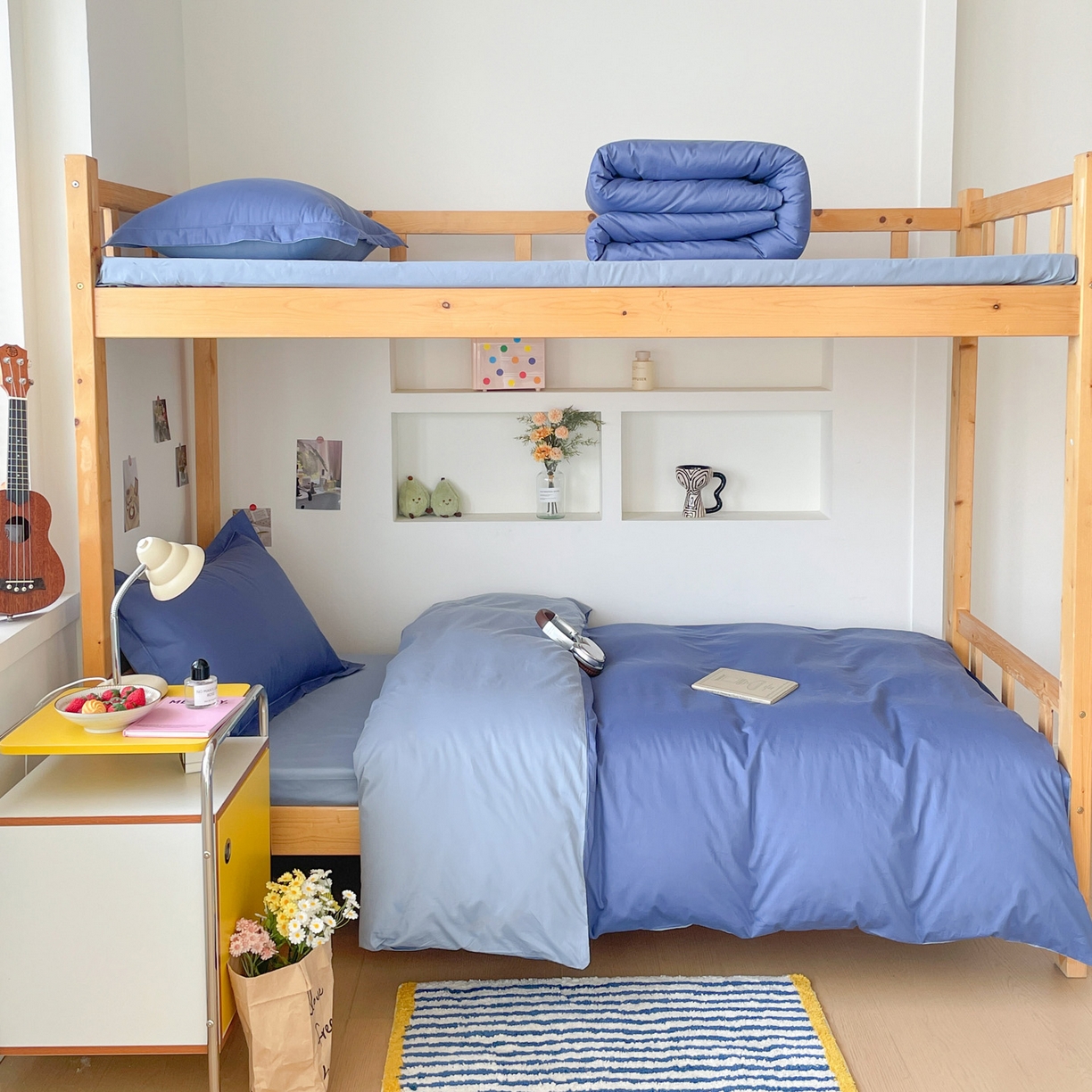 91家纺网 家纺一手货源 找家纺 恩泽家纺 2025新款全棉双拼学生宿舍三件套 藏青+月白兰