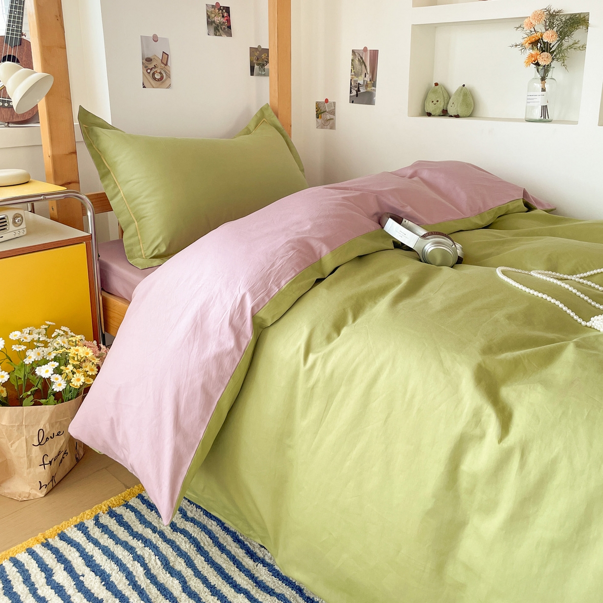 91家纺网 家纺一手货源 找家纺 恩泽家纺 2025新款全棉双拼学生宿舍三件套 果绿+香芋紫