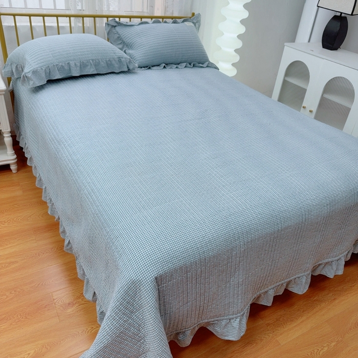 91家纺网 家纺一手货源 找家纺 暖居 2025新款全棉水洗棉床盖三件套可配同款被套同款多功能夏被四季通用 蓝小格