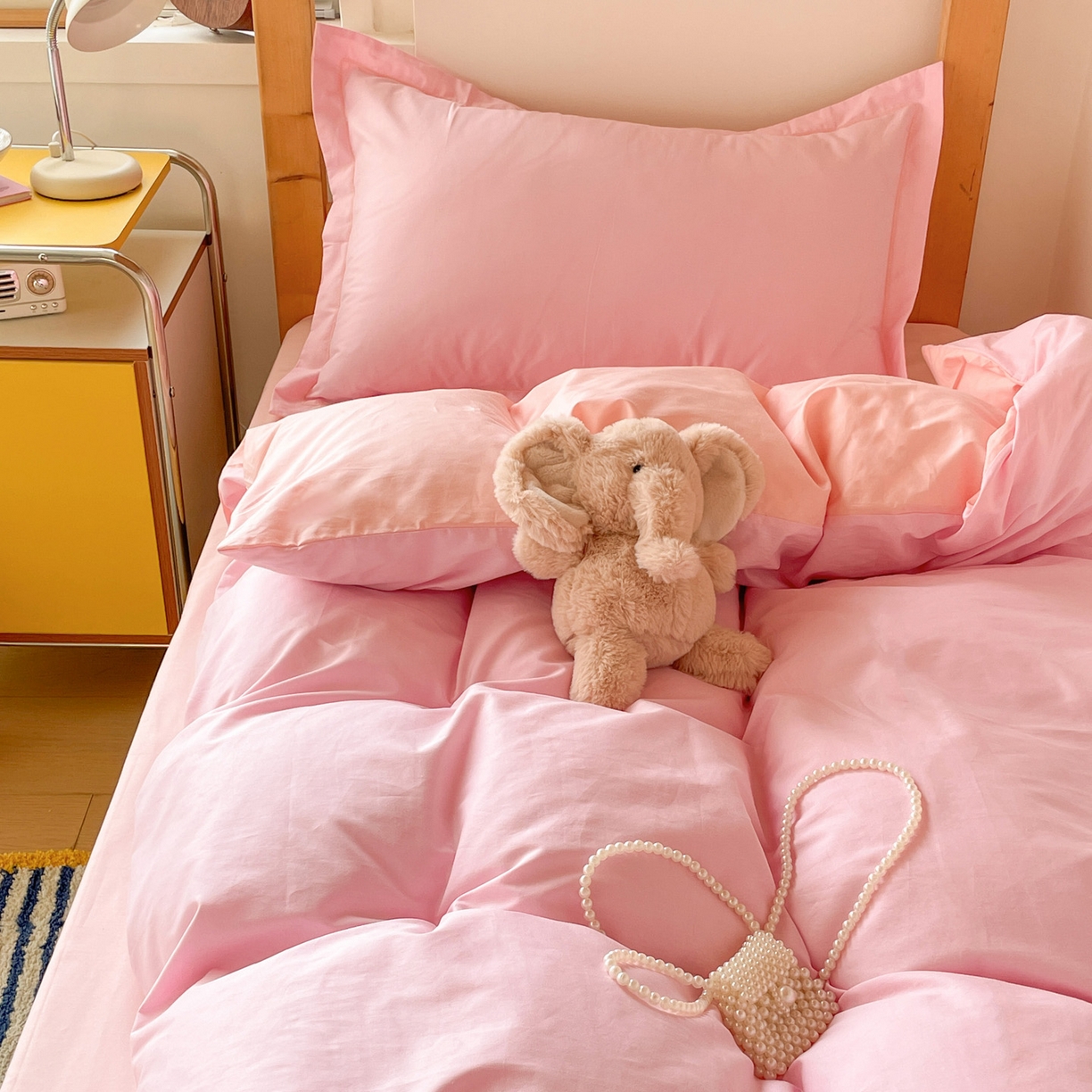 91家纺网 家纺一手货源 找家纺 恩泽家纺 2025新款全棉双拼学生宿舍三件套 粉色+玉色