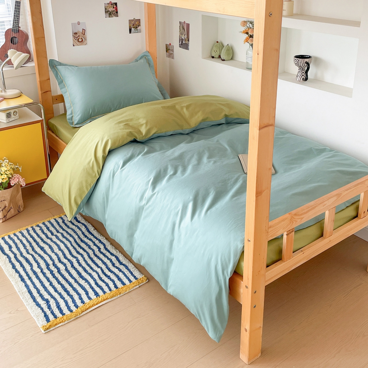 91家纺网 家纺一手货源 找家纺 恩泽家纺 2025新款全棉双拼学生宿舍三件套 灰绿+果绿