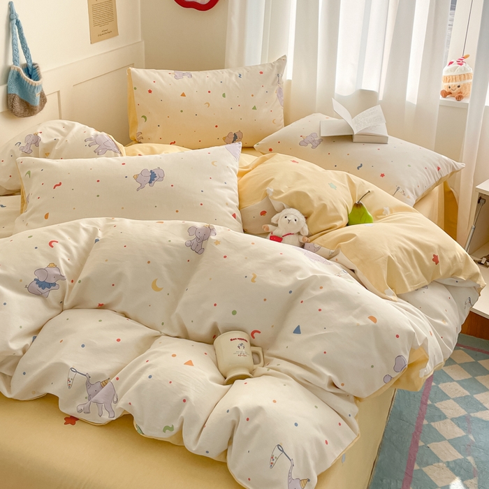 91家纺网 家纺一手货源 找家纺 首尔家纺 2025新款学生季全棉跑量款四件套系列卡通小清新AB版学生三件套 彩点小象