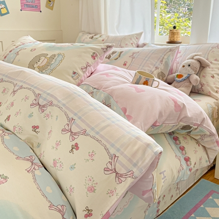 首尔家纺 2025新款学生季全棉跑量款四件套系列卡通小清新AB版学生三件套 甜心可宠