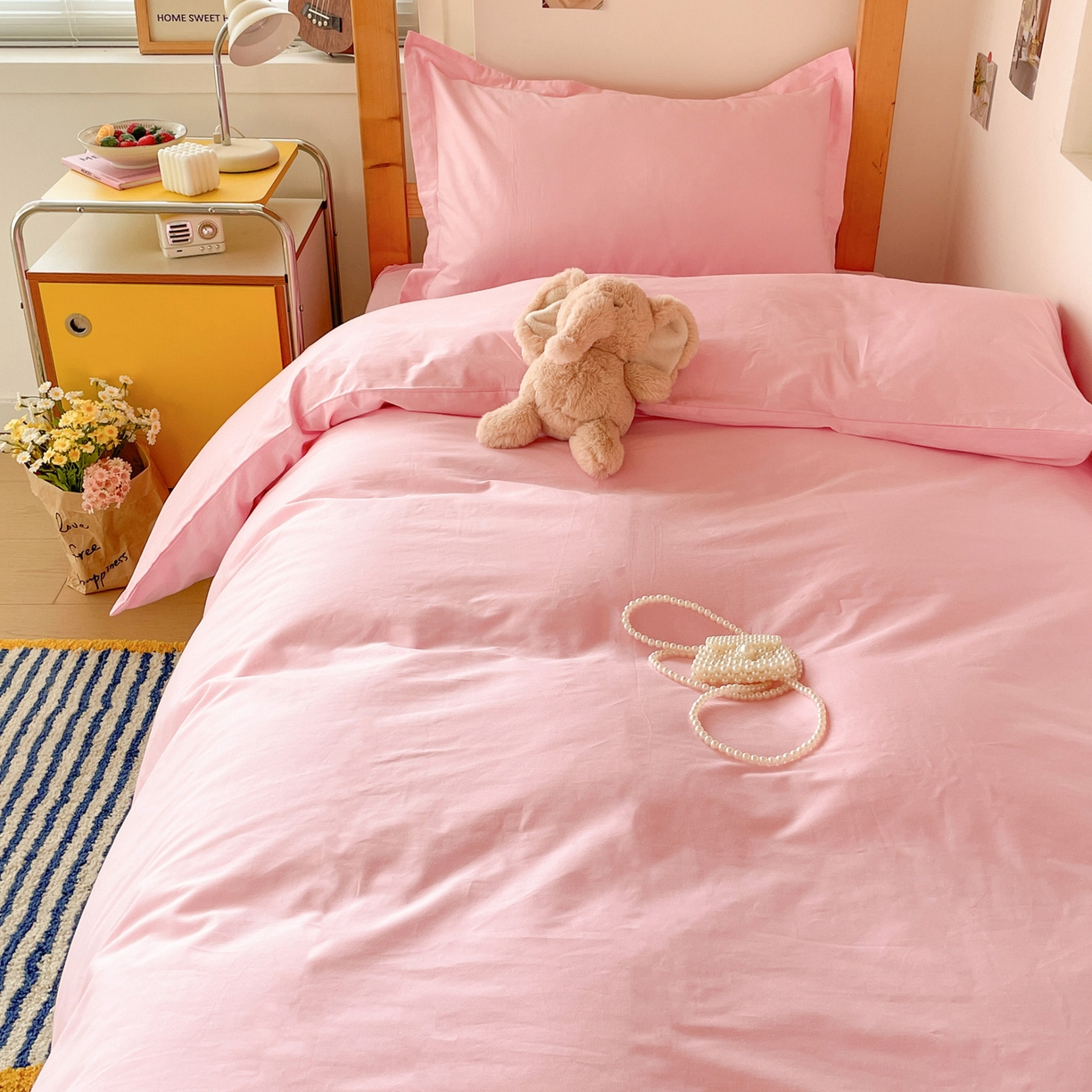 91家纺网 家纺一手货源 找家纺 恩泽家纺 2025新款全棉双拼学生宿舍三件套 粉色