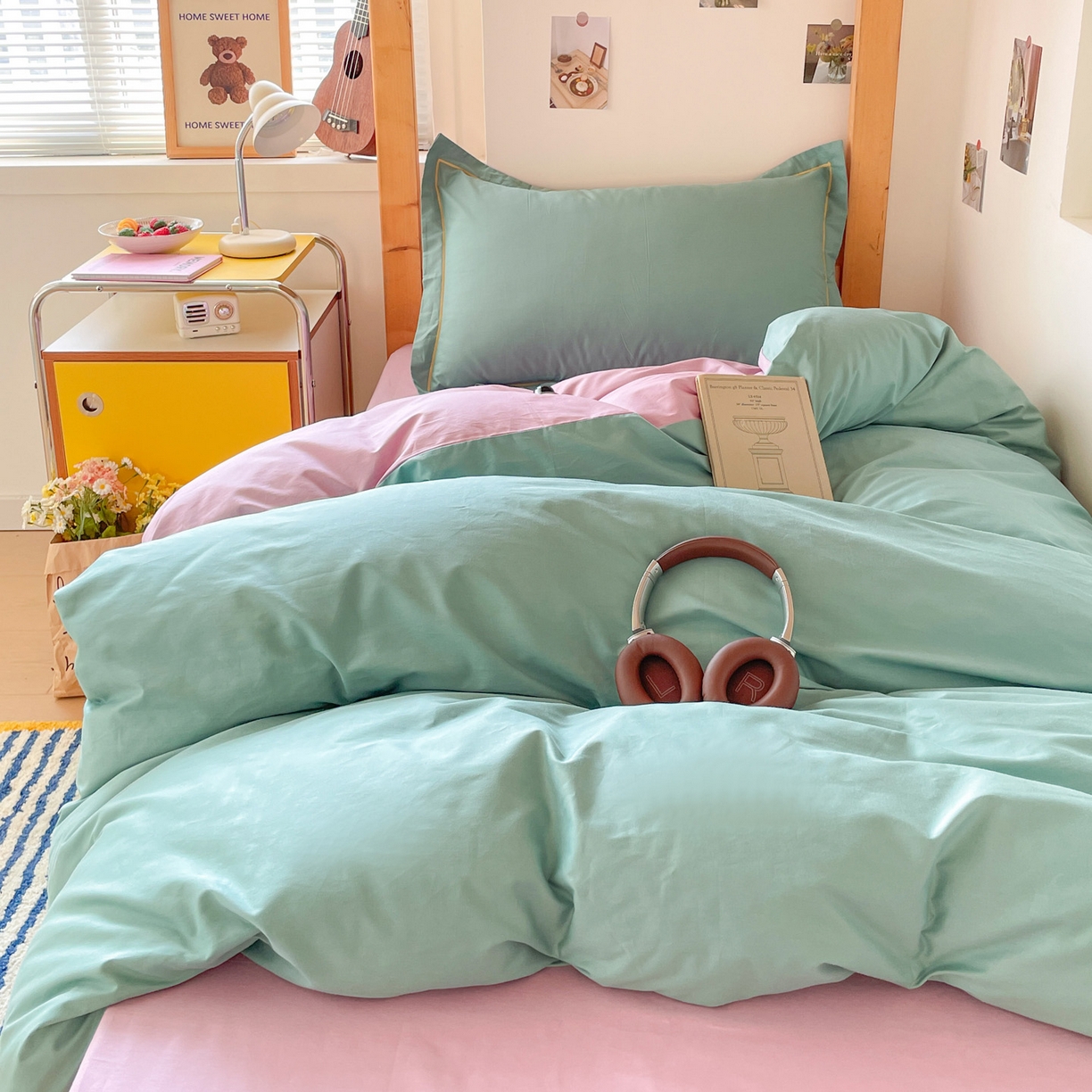 91家纺网 家纺一手货源 找家纺 恩泽家纺 2025新款全棉双拼学生宿舍三件套 灰绿+香芋紫