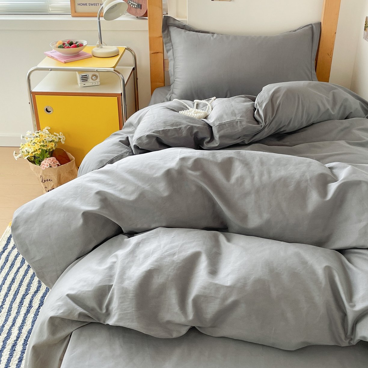 91家纺网 家纺一手货源 找家纺 恩泽家纺 2025新款全棉双拼学生宿舍三件套 深灰色