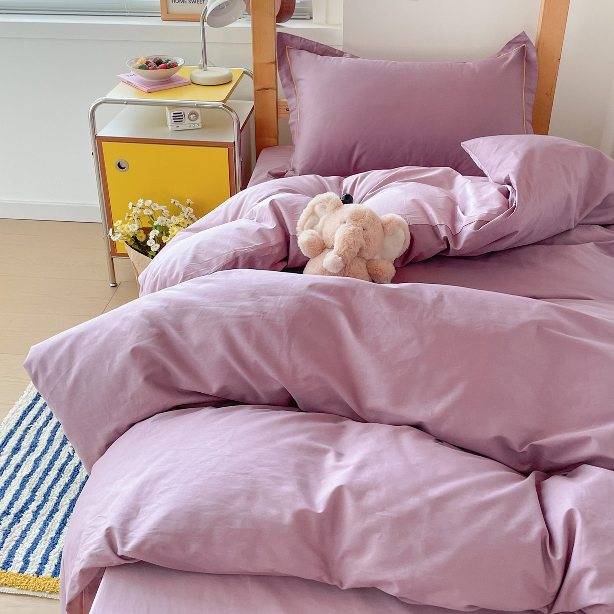 91家纺网 家纺一手货源 找家纺 恩泽家纺 2025新款全棉双拼学生宿舍三件套 灰紫+香芋紫