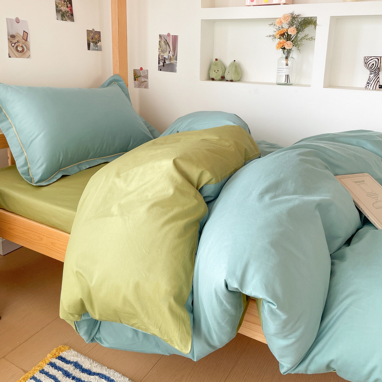 91家纺网 家纺一手货源 找家纺 恩泽家纺 2025新款全棉双拼学生宿舍三件套 灰绿+果绿