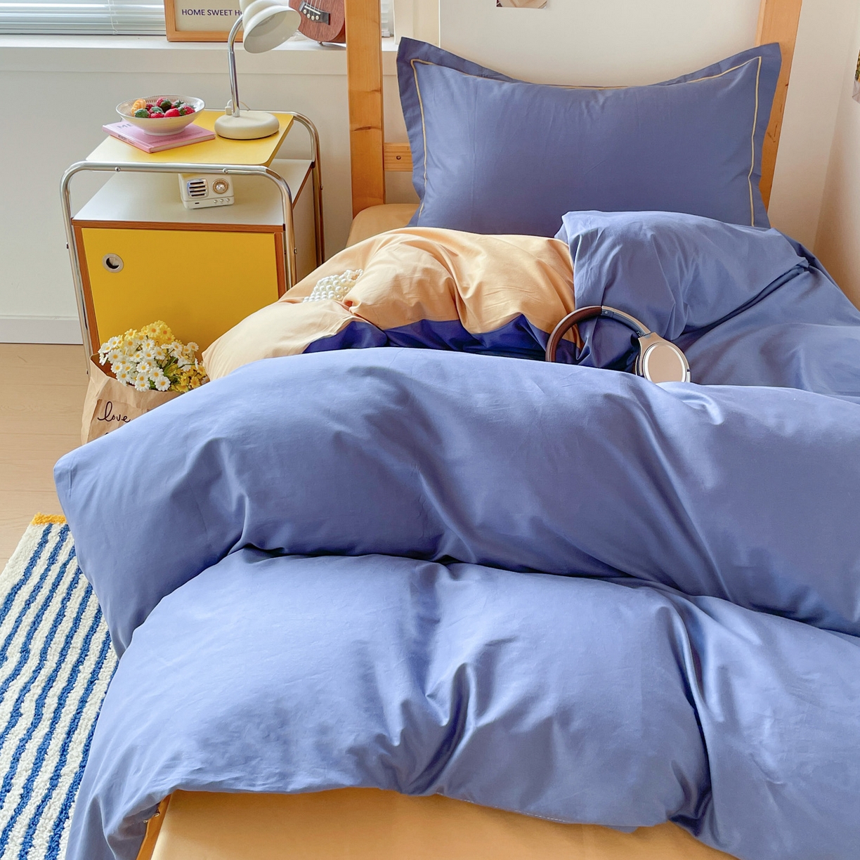 91家纺网 家纺一手货源 找家纺 恩泽家纺 2025新款全棉双拼学生宿舍三件套 藏青+卡其