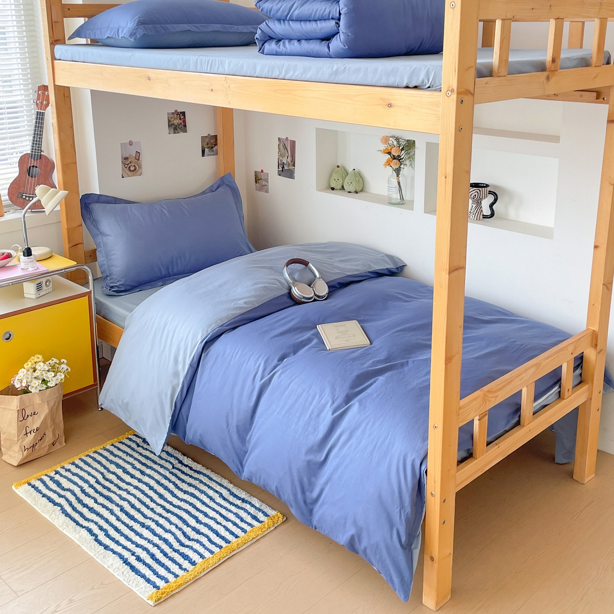 91家纺网 家纺一手货源 找家纺 恩泽家纺 2025新款全棉双拼学生宿舍三件套 藏青+月白兰