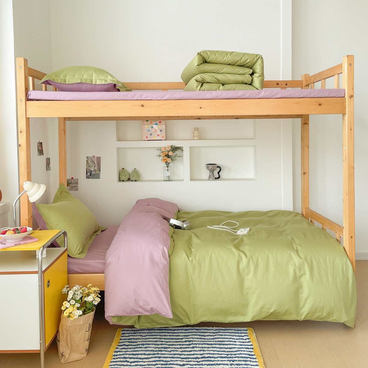 91家纺网 家纺一手货源 找家纺 恩泽家纺 2025新款全棉双拼学生宿舍三件套 果绿+香芋紫