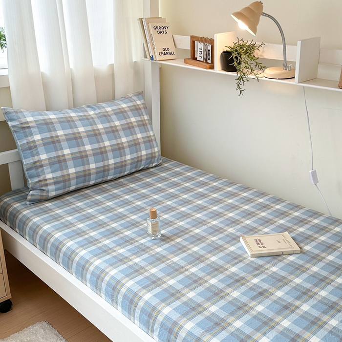 91家纺网 家纺一手货源 找家纺 玖弘家居 2025新款全棉色织水洗棉床笠系列 简兮蓝