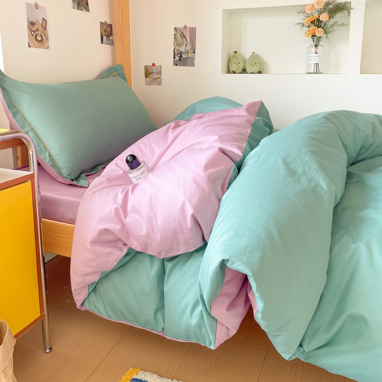 91家纺网 家纺一手货源 找家纺 恩泽家纺 2025新款全棉双拼学生宿舍三件套 灰绿+香芋紫