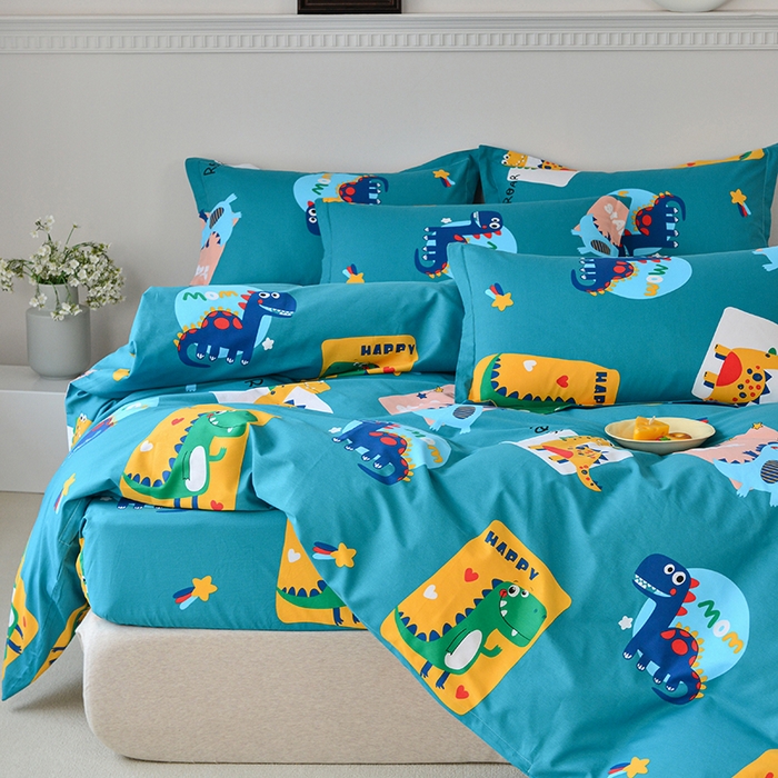 91家纺网 家纺一手货源 找家纺 登登家纺 2025新款全棉床笠四件套系列 恐龙乐园