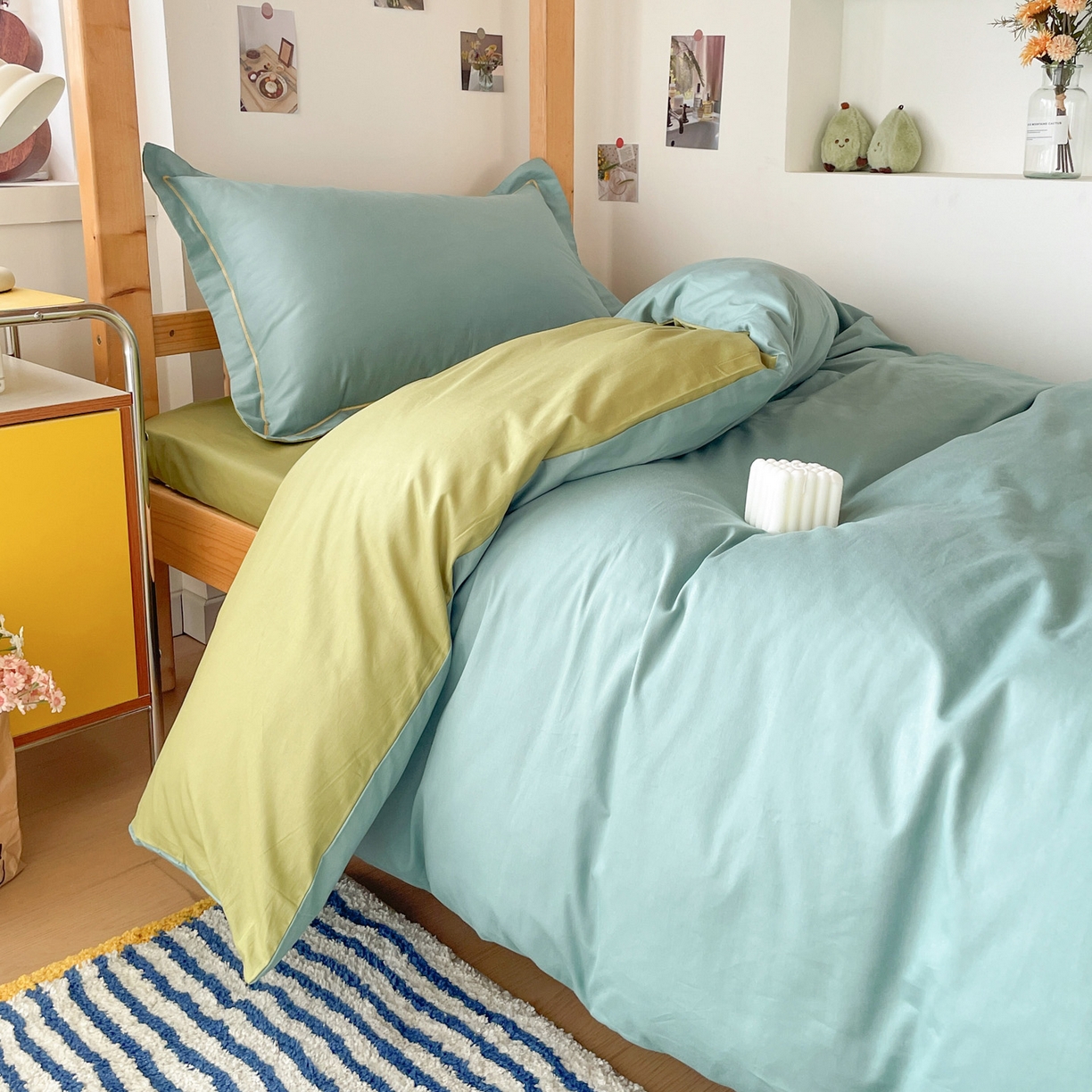 91家纺网 家纺一手货源 找家纺 恩泽家纺 2025新款全棉双拼学生宿舍三件套 灰绿+果绿