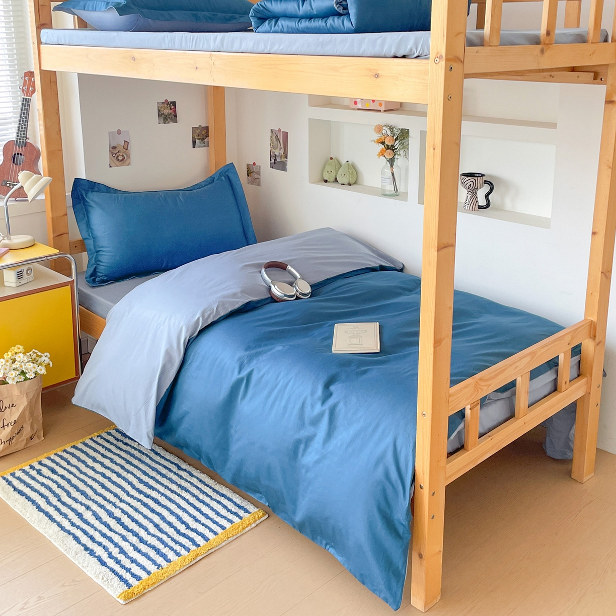 91家纺网 家纺一手货源 找家纺 恩泽家纺 2025新款全棉双拼学生宿舍三件套 宝蓝+月白兰