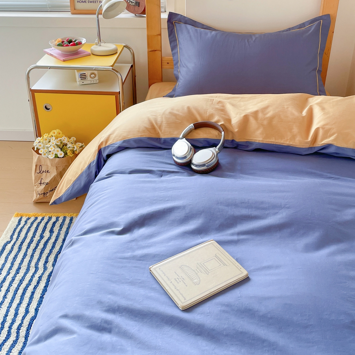 91家纺网 家纺一手货源 找家纺 恩泽家纺 2025新款全棉双拼学生宿舍三件套 藏青+卡其