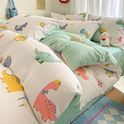 首尔家纺 2025新款学生季全棉跑量款四件套系列卡通小清新AB版学生三件套 时尚恐龙