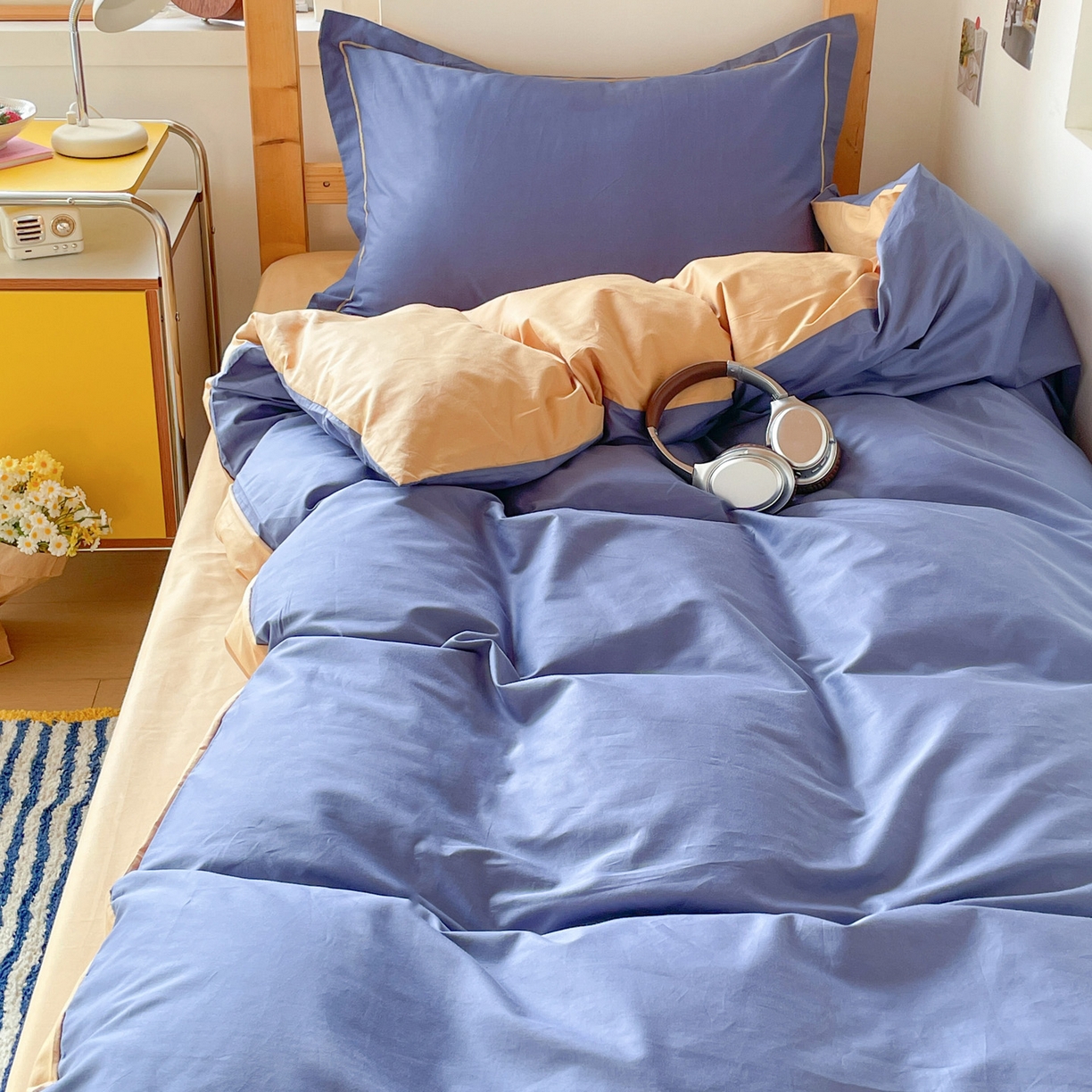 91家纺网 家纺一手货源 找家纺 恩泽家纺 2025新款全棉双拼学生宿舍三件套 藏青+卡其