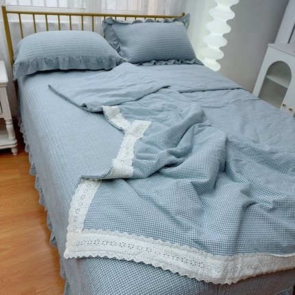暖居 2025新款全棉水洗棉床盖三件套可配同款被套同款多功能夏被四季通用 蓝小格