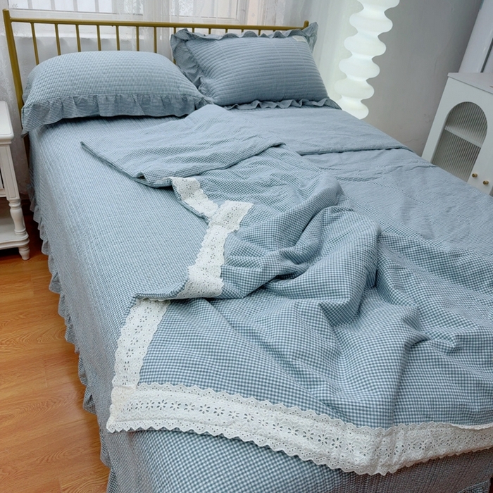 91家纺网 家纺一手货源 找家纺 暖居 2025新款全棉水洗棉床盖三件套可配同款被套同款多功能夏被四季通用 蓝小格