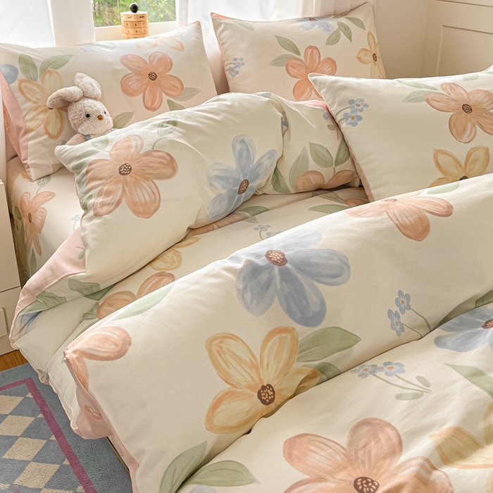 91家纺网 家纺一手货源 找家纺 首尔家纺 2025新款学生季全棉跑量款四件套系列卡通小清新AB版学生三件套 春日小花-兰