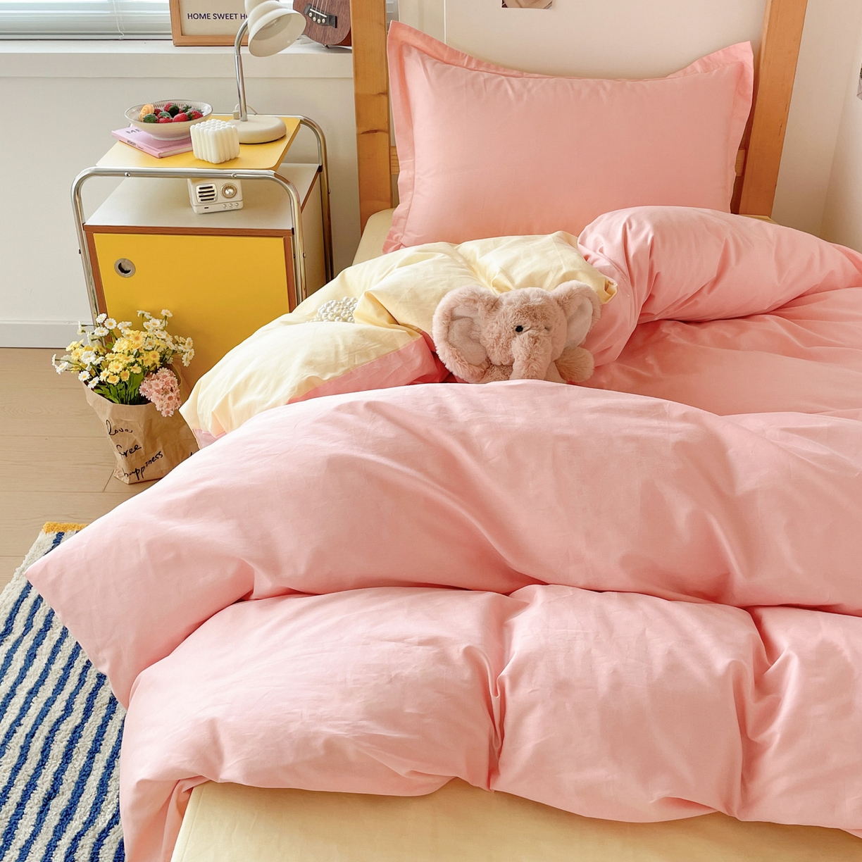 91家纺网 家纺一手货源 找家纺 恩泽家纺 2025新款全棉双拼学生宿舍三件套 玉色+鹅黄