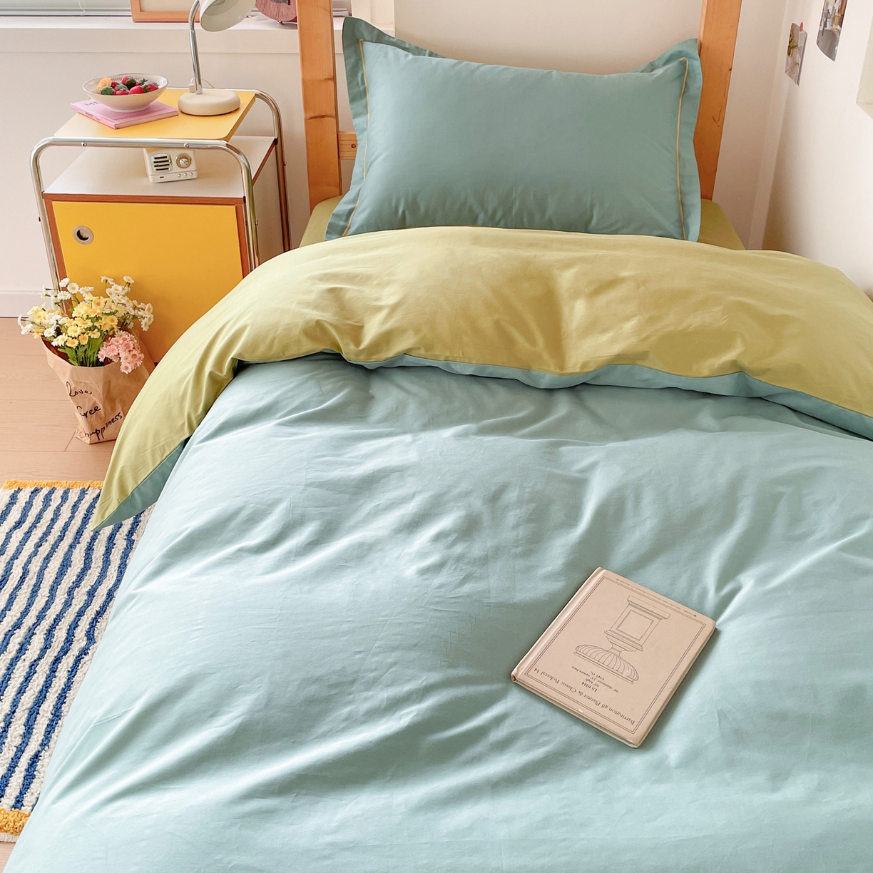 91家纺网 家纺一手货源 找家纺 恩泽家纺 2025新款全棉双拼学生宿舍三件套 灰绿+果绿