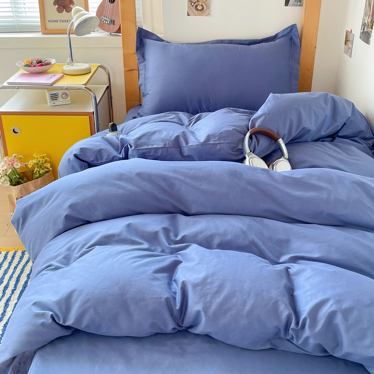 91家纺网 家纺一手货源 找家纺 恩泽家纺 2025新款全棉双拼学生宿舍三件套 藏青色