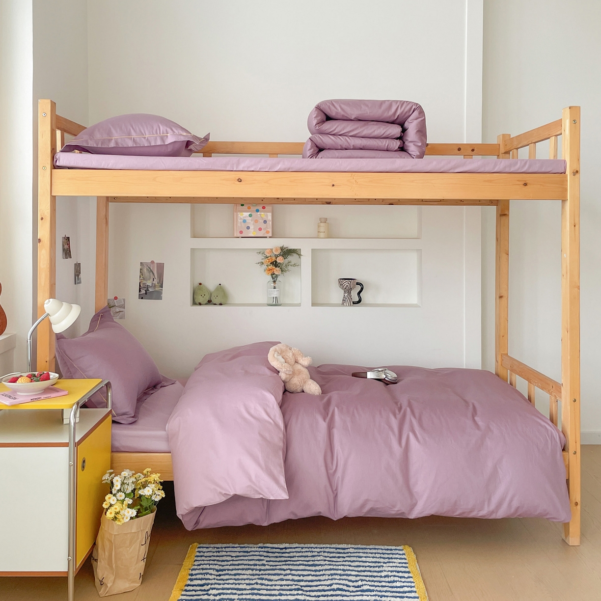 91家纺网 家纺一手货源 找家纺 恩泽家纺 2025新款全棉双拼学生宿舍三件套 灰紫+香芋紫