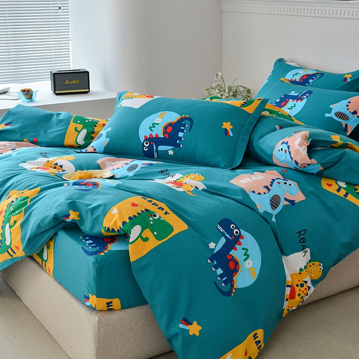 91家纺网 家纺一手货源 找家纺 登登家纺 2025新款全棉床笠四件套系列 恐龙乐园