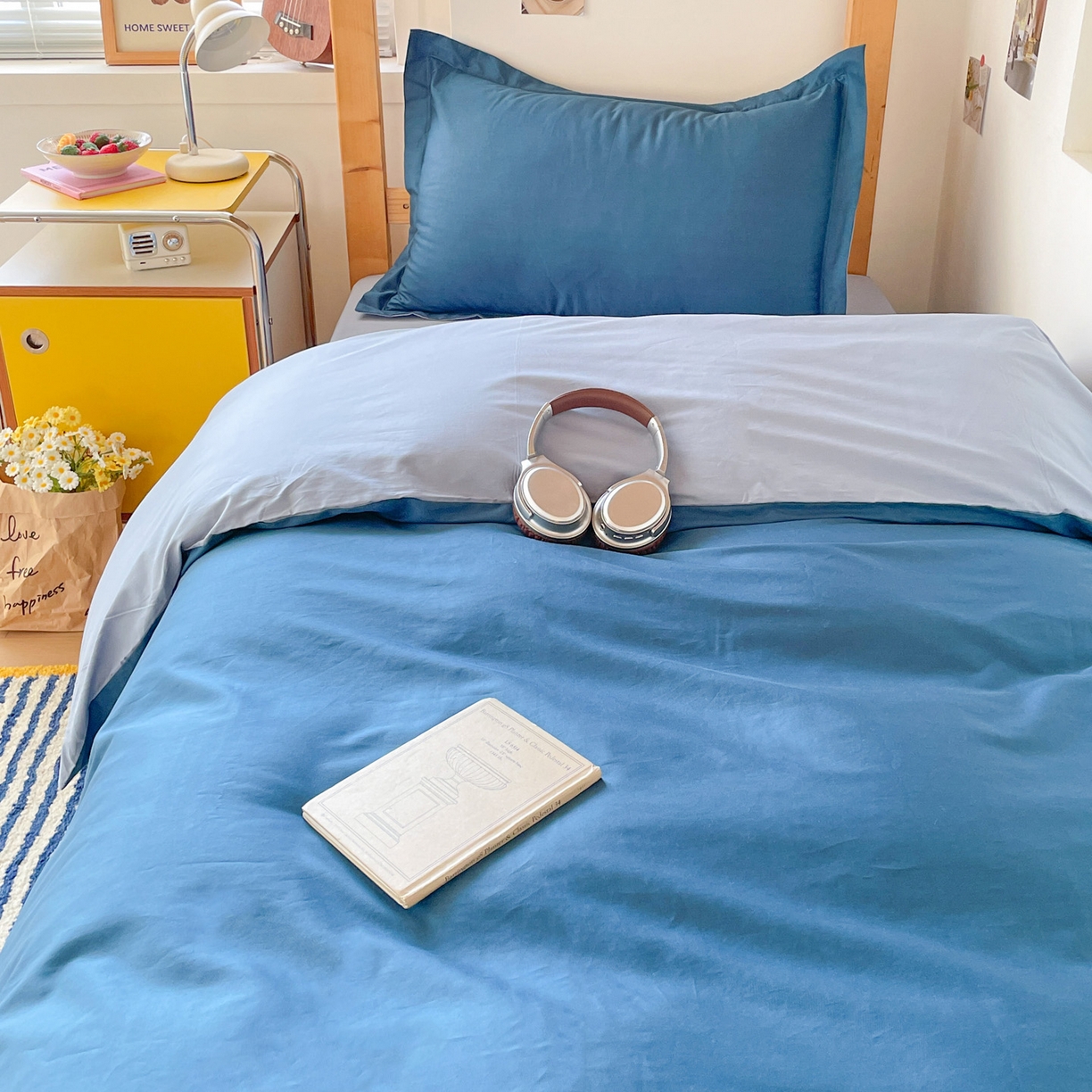 91家纺网 家纺一手货源 找家纺 恩泽家纺 2025新款全棉双拼学生宿舍三件套 宝蓝+月白兰