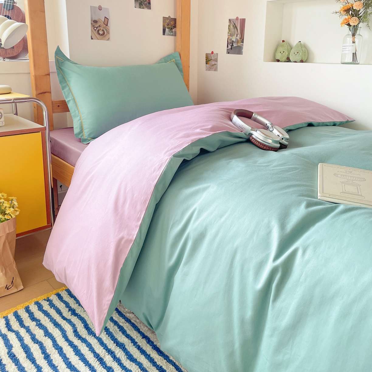 91家纺网 家纺一手货源 找家纺 恩泽家纺 2025新款全棉双拼学生宿舍三件套 灰绿+香芋紫