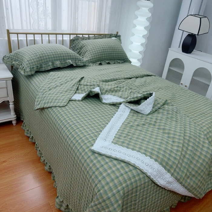 91家纺网 家纺一手货源 找家纺 暖居 2025新款全棉水洗棉床盖三件套可配同款被套同款多功能夏被四季通用 复古绿格