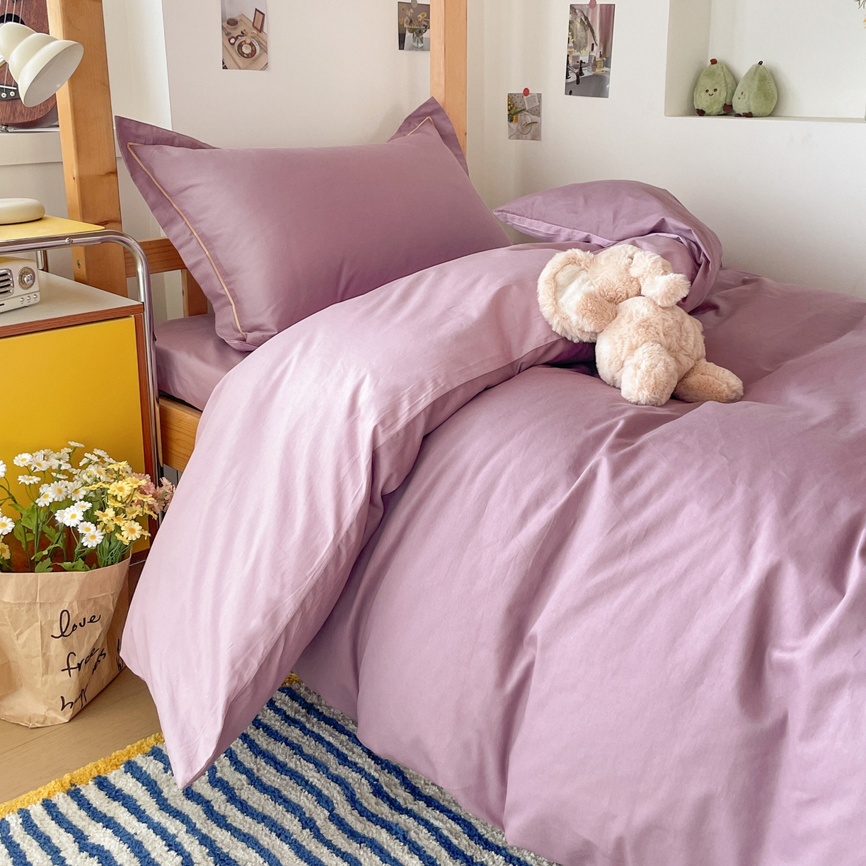 91家纺网 家纺一手货源 找家纺 恩泽家纺 2025新款全棉双拼学生宿舍三件套 灰紫+香芋紫