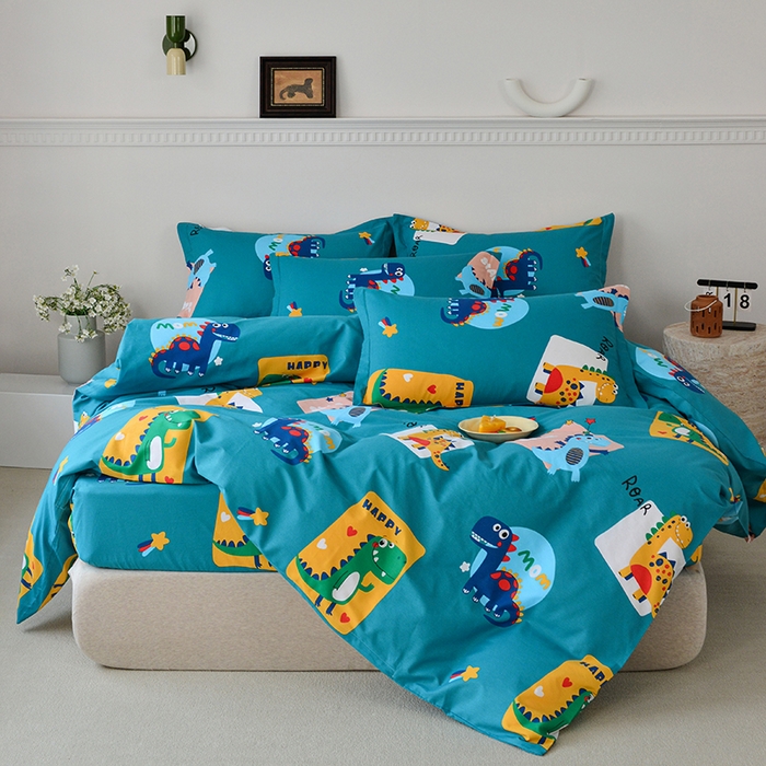 91家纺网 家纺一手货源 找家纺 登登家纺 2025新款全棉床笠四件套系列 恐龙乐园