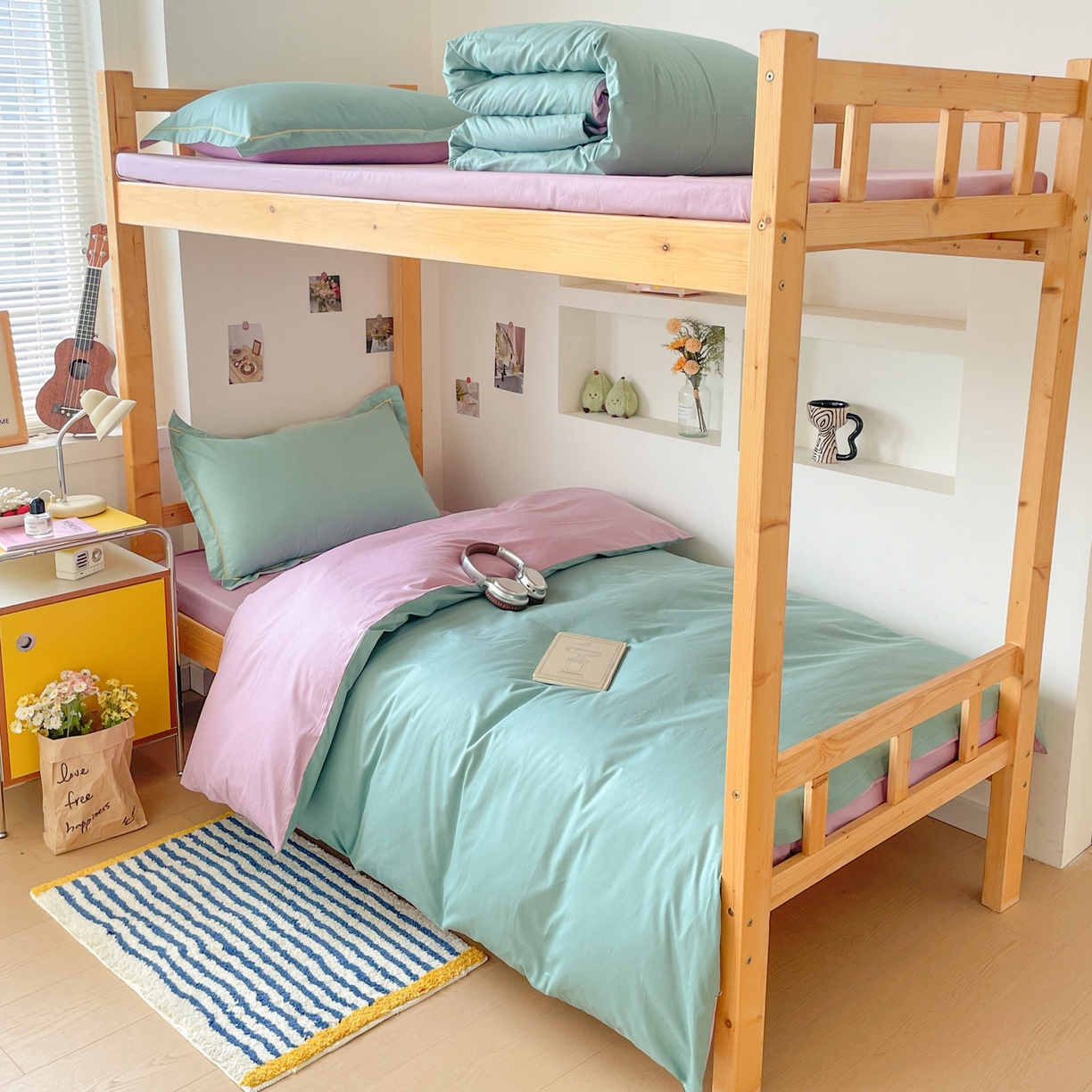 91家纺网 家纺一手货源 找家纺 恩泽家纺 2025新款全棉双拼学生宿舍三件套 灰绿+香芋紫