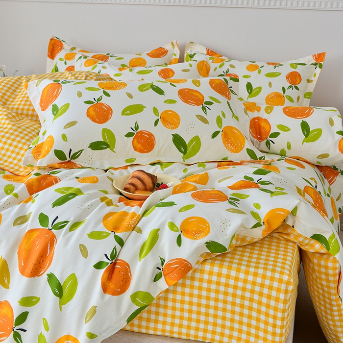 91家纺网 家纺一手货源 找家纺 登登家纺 2025新款全棉床笠四件套系列 橙意满满-带床笠