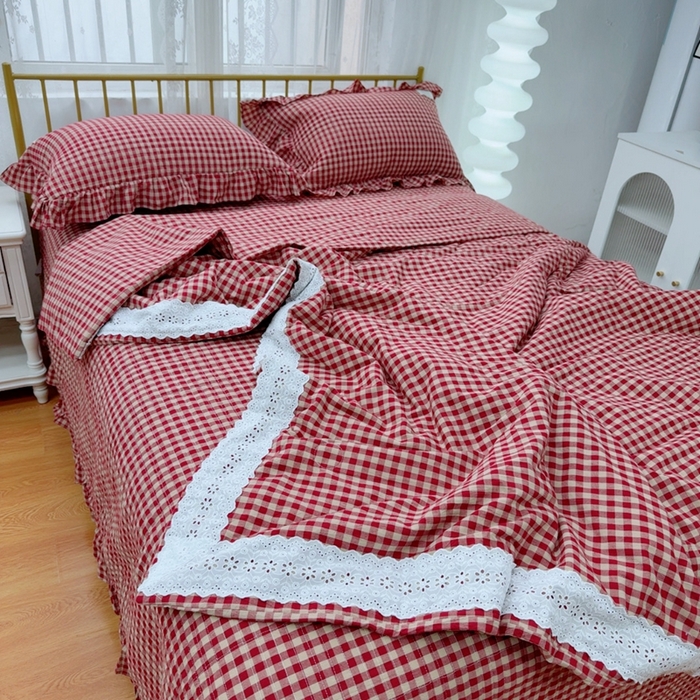 91家纺网 家纺一手货源 找家纺 暖居 2025新款全棉水洗棉床盖三件套可配同款被套同款多功能夏被四季通用 复式红咖格