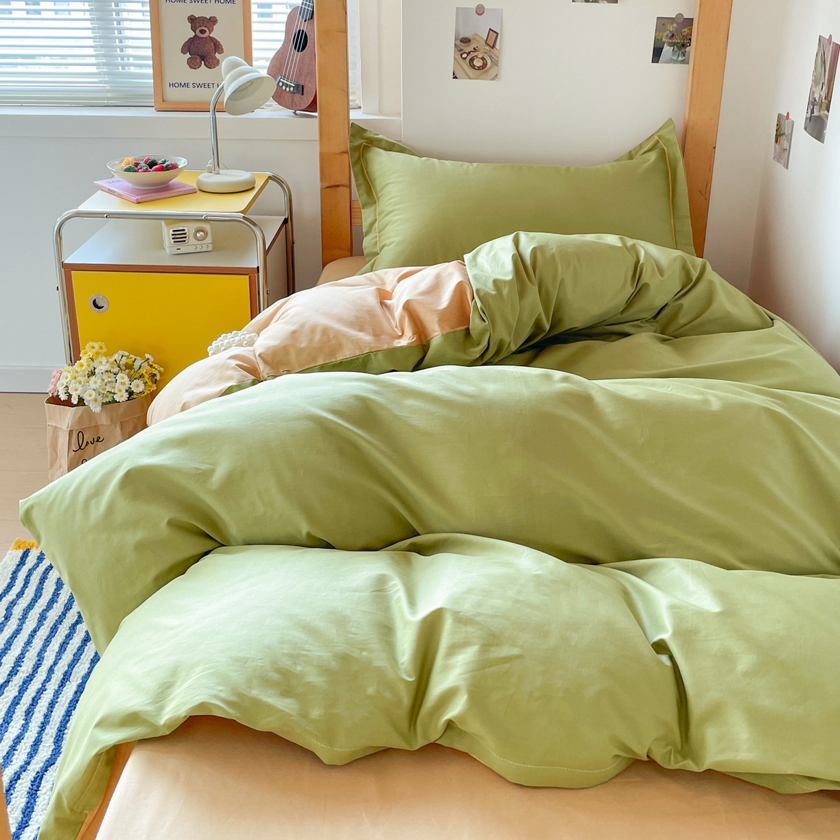 91家纺网 家纺一手货源 找家纺 恩泽家纺 2025新款全棉双拼学生宿舍三件套 果绿+卡其