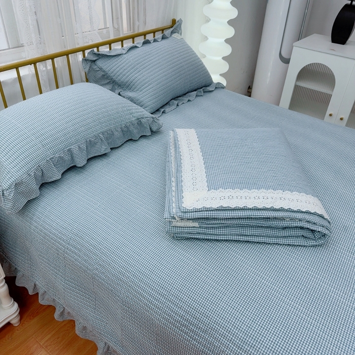 91家纺网 家纺一手货源 找家纺 暖居 2025新款全棉水洗棉床盖三件套可配同款被套同款多功能夏被四季通用 蓝小格