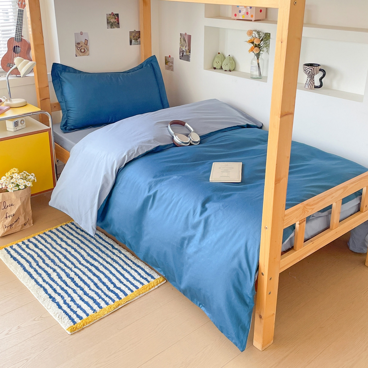 91家纺网 家纺一手货源 找家纺 恩泽家纺 2025新款全棉双拼学生宿舍三件套 宝蓝+月白兰