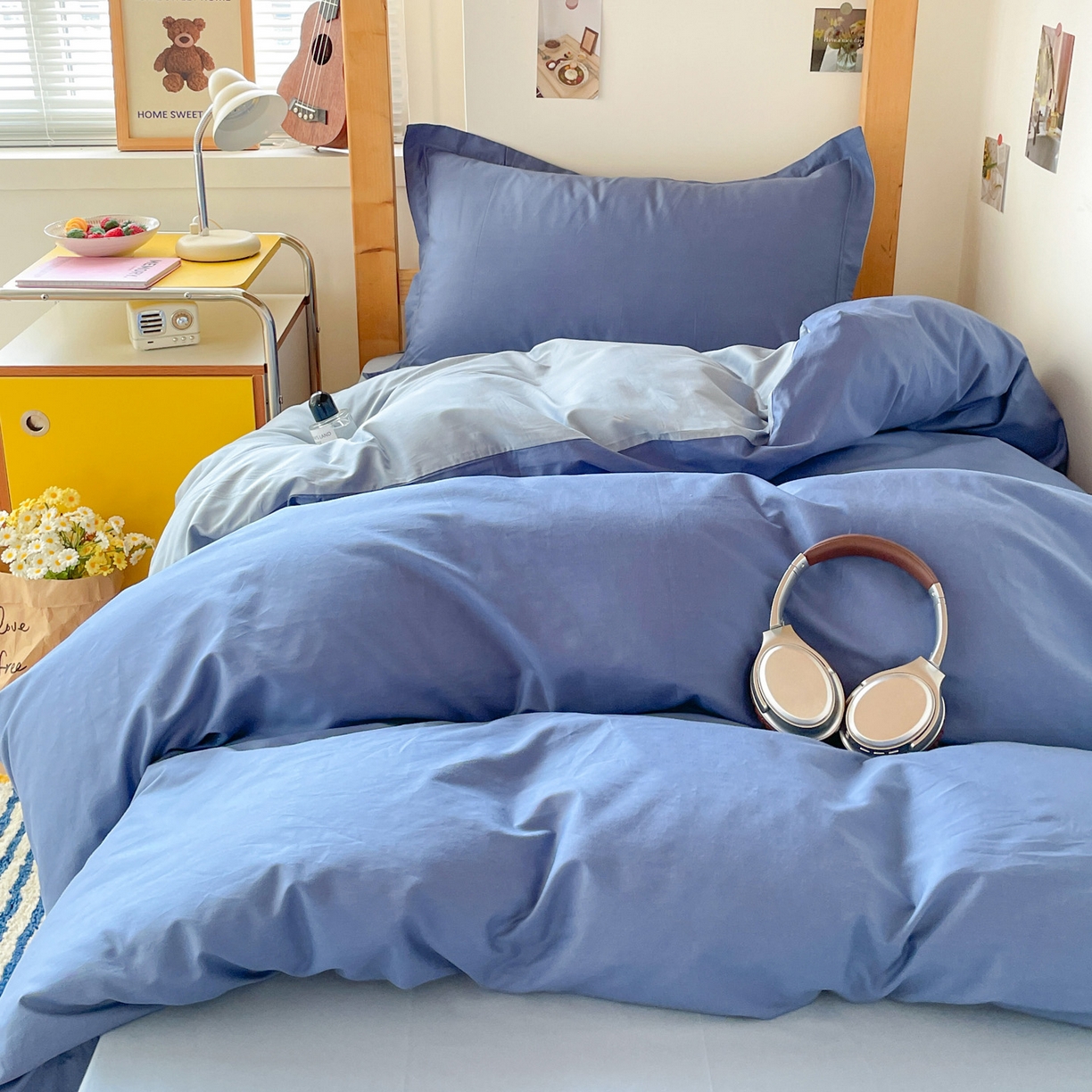 91家纺网 家纺一手货源 找家纺 恩泽家纺 2025新款全棉双拼学生宿舍三件套 藏青+月白兰