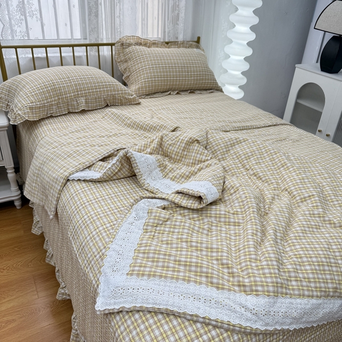 91家纺网 家纺一手货源 找家纺 暖居 2025新款全棉水洗棉床盖三件套可配同款被套同款多功能夏被四季通用 黄小格