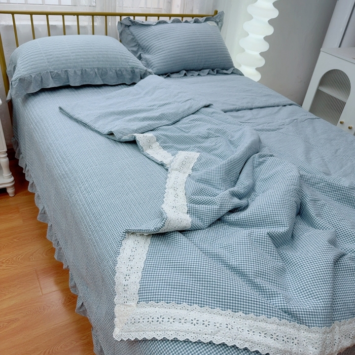 91家纺网 家纺一手货源 找家纺 暖居 2025新款全棉水洗棉床盖三件套可配同款被套同款多功能夏被四季通用 蓝小格